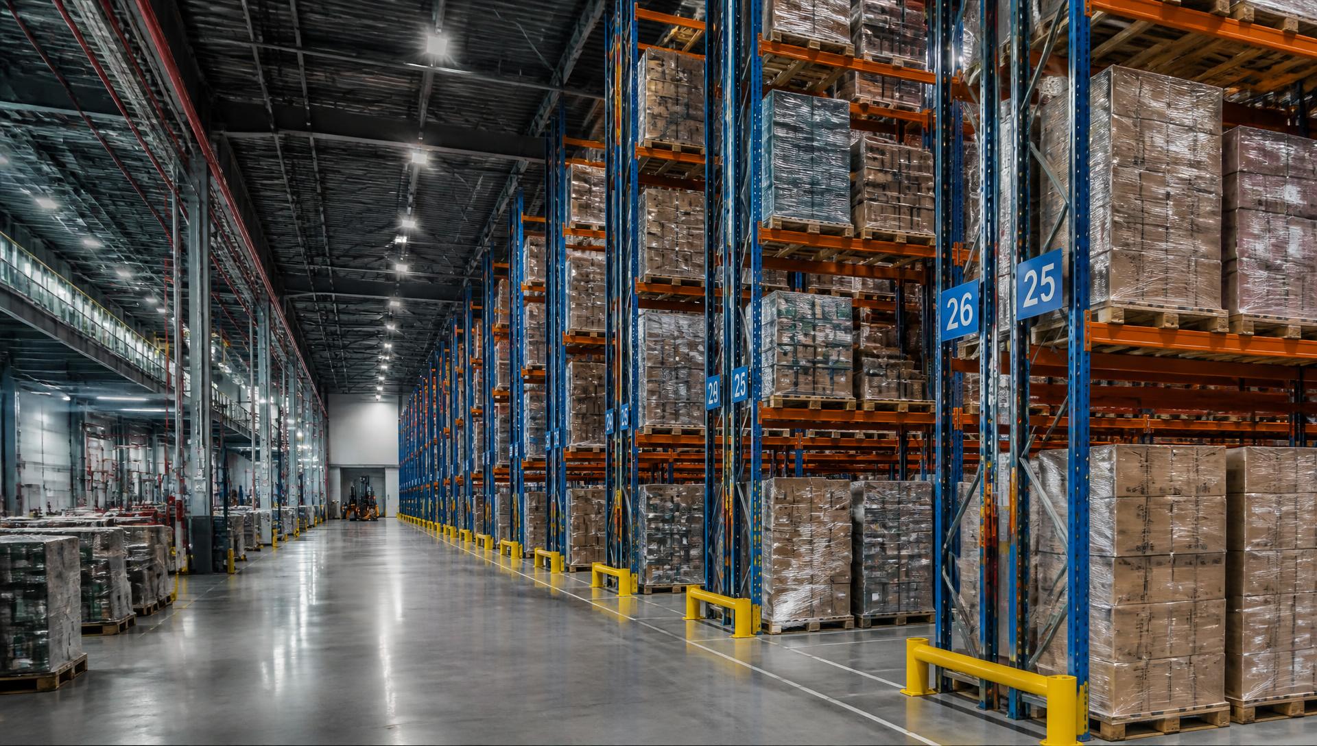 Loaded selective pallet racking in a Dallas–Fort Worth distribution warehouse